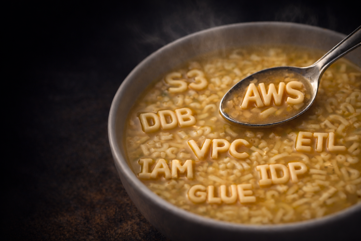 A bowl of alphabet soup with AWS acronyms floating as noodles